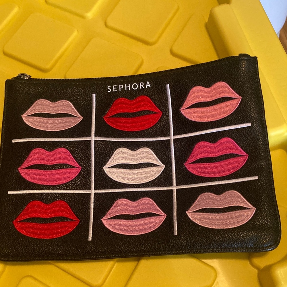 Sephora Black Cosmetic Pouch with Embroidered Lip Grid